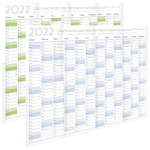 LIVAIA - Calendario de pared 2022 grande - Práctico planificador anual 2022 verde y azul en DIN A1 con parte delantera y trasera - Plegado - Agenda de oficina