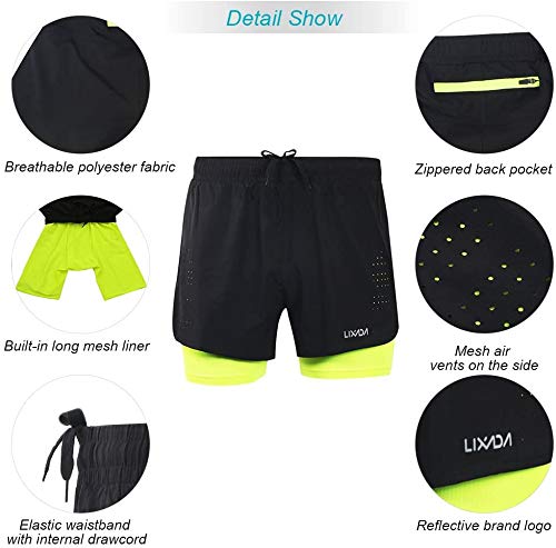 Lixada Hombres Pantalónes Cortos de Running 2-en-1, Pantalones Cortos de Atletismo, Pantalones Cortos de Fitness Maratón, Transpirable Pantalones+Secado Rápido (Azul, L)