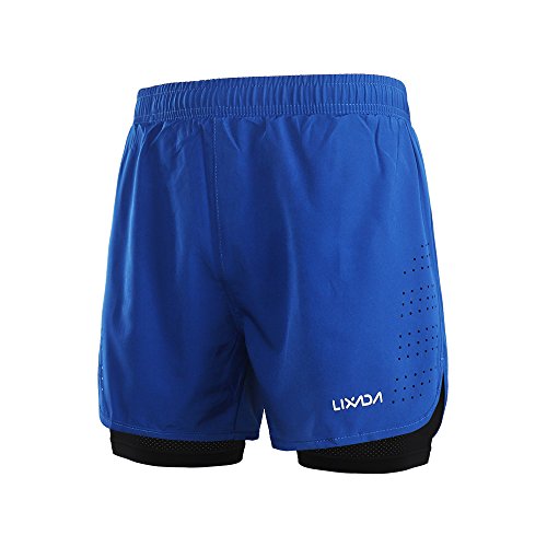 Lixada Hombres Pantalónes Cortos de Running 2-en-1, Pantalones Cortos de Atletismo, Pantalones Cortos de Fitness Maratón, Transpirable Pantalones+Secado Rápido (Azul, L)