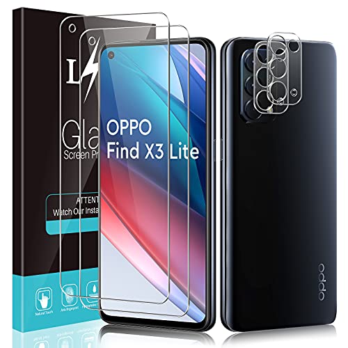 LϟK 4 Pack Protector de Pantalla Compatible con OPPO Find x3 Lite con 2 Pack Cristal Templado y 2 Pack Protector de Lente de Cámara - Sin Burbujas Dureza 9H Doble Protección Kit Fácil instalación