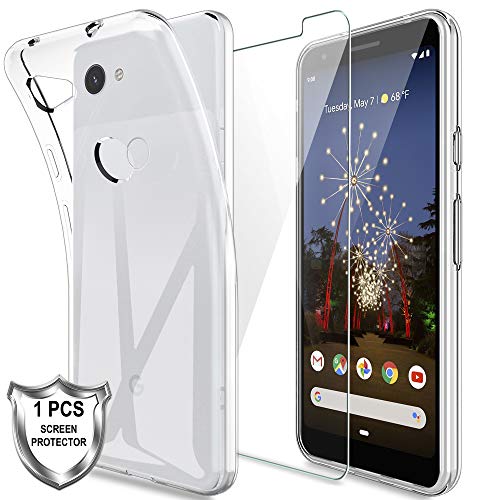 LK Compatible con Google Pixel 3A Funda con 1 Pack Protector de Pantalla Vidrio Templado, HD Transparente Carcasa Ultra Fina Suave TPU Silicona Gel Case Cover - Clara