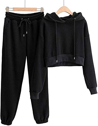 Loalirando Chándal Completo para Mujer 2 Piezas Traje Deportivo de Color Liso Conjunto de Top Sudadera Corta de Manga Larga con Capucha + Pantalones Largos de Cintura Elástica con Cordón (Negro, L)