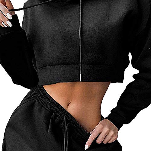 Loalirando Chándal Completo para Mujer 2 Piezas Traje Deportivo de Color Liso Conjunto de Top Sudadera Corta de Manga Larga con Capucha + Pantalones Largos de Cintura Elástica con Cordón (Negro, L)