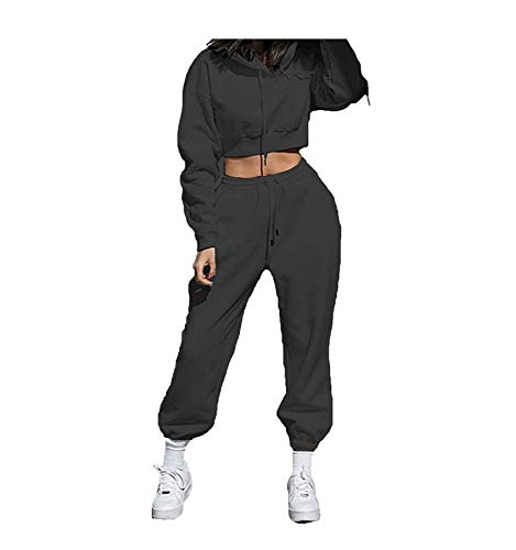 Loalirando Chándal Completo para Mujer 2 Piezas Traje Deportivo de Color Liso Conjunto de Top Sudadera Corta de Manga Larga con Capucha + Pantalones Largos de Cintura Elástica con Cordón (Negro, L)