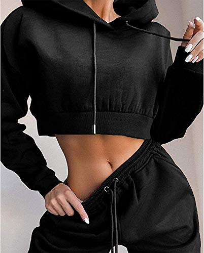 Loalirando Chándal Completo para Mujer 2 Piezas Traje Deportivo de Color Liso Conjunto de Top Sudadera Corta de Manga Larga con Capucha + Pantalones Largos de Cintura Elástica con Cordón (Negro, L)