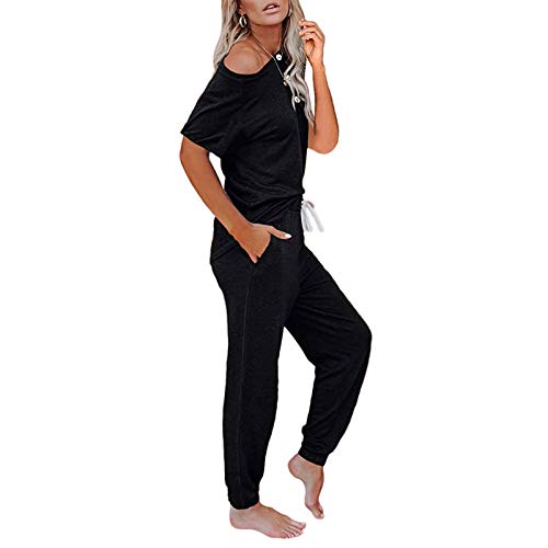 Loalirando Conjunto deportivo para mujer de verano, camiseta de manga corta + pantalones deportivos de cintura alta, Negro , L