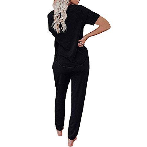 Loalirando Conjunto deportivo para mujer de verano, camiseta de manga corta + pantalones deportivos de cintura alta, Negro , L