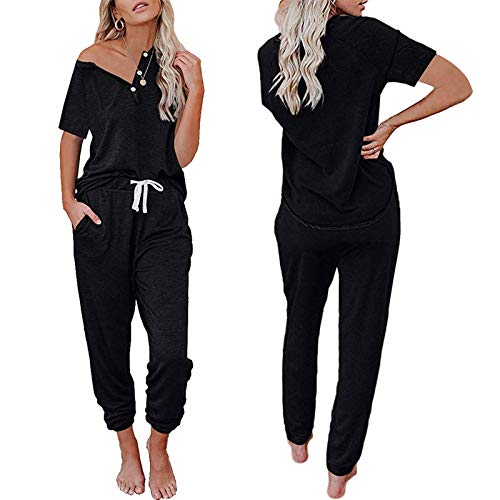 Loalirando Conjunto deportivo para mujer de verano, camiseta de manga corta + pantalones deportivos de cintura alta, Negro , L