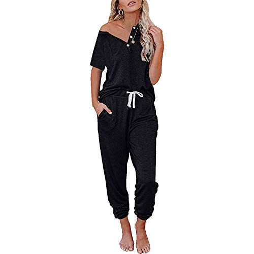 Loalirando Conjunto deportivo para mujer de verano, camiseta de manga corta + pantalones deportivos de cintura alta, Negro , L