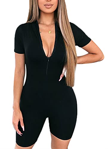 Loalirando - Mono de deporte para mujer, sexy, de manga corta, cuello en V profundo, informal, verano, negro y gris, Negro , M