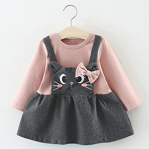 Logobeing Ropa Bebe Niña Manga Larga Arco de Dibujos Animados Gato Impresión Fiesta Princesa Vestido Tops Vestido de Fiesta Princesa (3-6 Mes, Rosado)