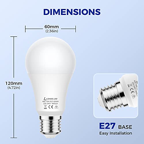 LOHAS Bombilla LED E27 15W, Blanco Frío 6000K, 1800 Lumens, Equivalente a 150W Incandescente, Edison E27 Tornillo Bombillas, Bombilla LED A60 de Ahorro de Energía, No Regulable, 4 Unidades