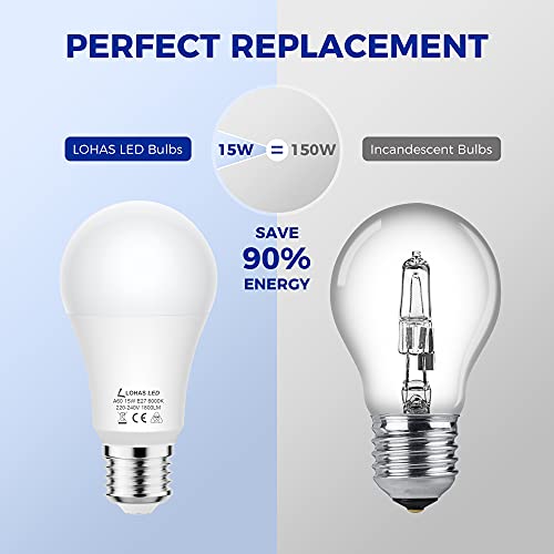 LOHAS Bombilla LED E27 15W, Blanco Frío 6000K, 1800 Lumens, Equivalente a 150W Incandescente, Edison E27 Tornillo Bombillas, Bombilla LED A60 de Ahorro de Energía, No Regulable, 4 Unidades