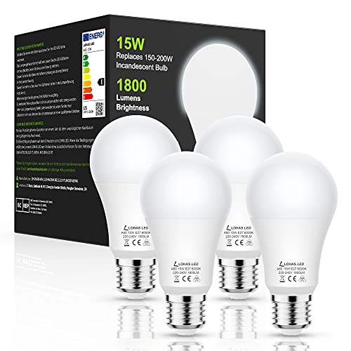 LOHAS Bombilla LED E27 15W, Blanco Frío 6000K, 1800 Lumens, Equivalente a 150W Incandescente, Edison E27 Tornillo Bombillas, Bombilla LED A60 de Ahorro de Energía, No Regulable, 4 Unidades