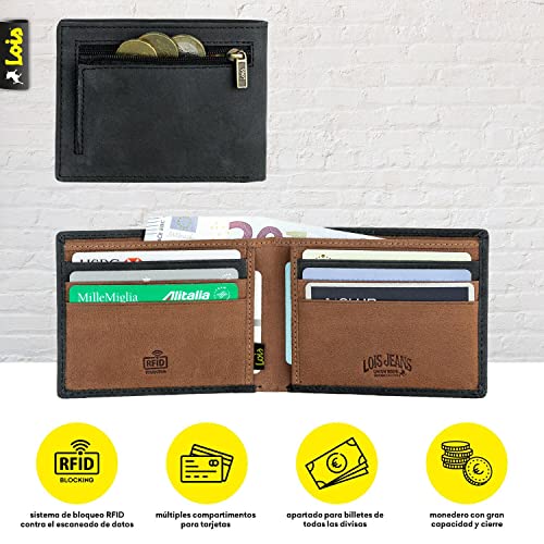 Lois - Cartera para Hombre Piel Genuina Cuero Pequeña. Billetero de Piel Genuina. Monedero, Billetes, Tarjetas. Protección Seguridad Antiescaneo RFID 202808, Color Antracita