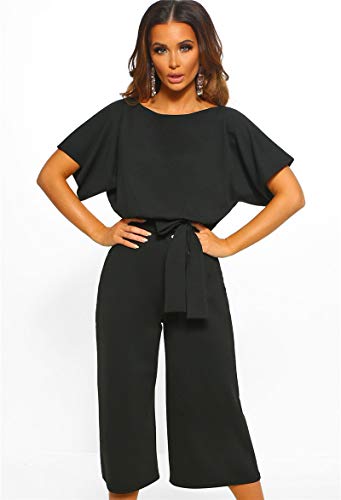 Longwu Mujeres Casual Elegante Cintura Alta Mono de Manga Corta Pantalones de Pierna Ancha Ocasionales Mamelucos Sueltos con cinturón Negro-M