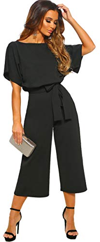 Longwu Mujeres Casual Elegante Cintura Alta Mono de Manga Corta Pantalones de Pierna Ancha Ocasionales Mamelucos Sueltos con cinturón Negro-M