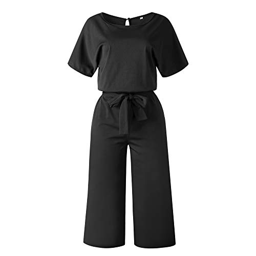 Longwu Mujeres Casual Elegante Cintura Alta Mono de Manga Corta Pantalones de Pierna Ancha Ocasionales Mamelucos Sueltos con cinturón Negro-M