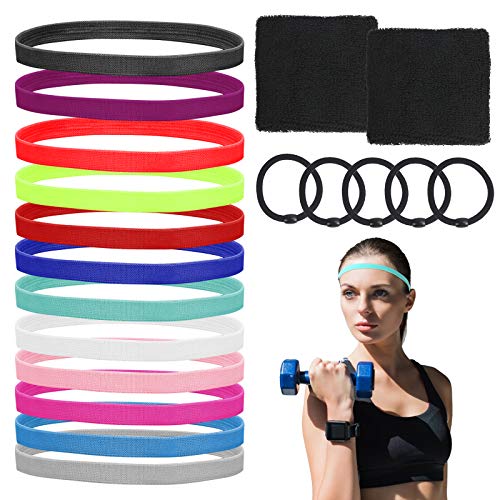 LOPOTIN 12pcs Diadema Deportiva Antideslizante Banda de Pelo Fútbol 5pcs Cinta Pelo 2pcs Muñequeras Negras para Absorber Sudor Sujetar Pelo Mujer Hombre 12 Colores Deportivo Yoga Golf Fitness Tenis