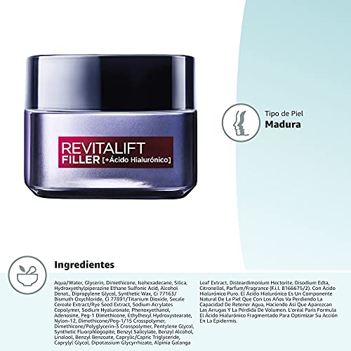 L'Oréal Paris Crema de Día Rellenadora Anti-edad Revitalizante Revitalift Filler, Antiarrugas y Volumen, Con Ácido Hialurónico Concentrado, Acabado no graso, 50 ml