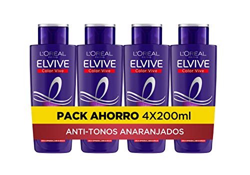 L'Oreal Paris Elvive Color Vive Champú Violeta Matizador, Para Pelo con Mechas, Decolorado o Gris, Anti-Efecto Anaranjado, Pack de 4 unidades x 200 ml, Total 800 ml