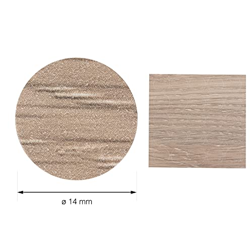LouMaxx Tapas para tornillos redondas, diámetro de 14 mm, 50 unidades, decoración de roble blanco, tapas autoadhesivas para agujeros de perforación