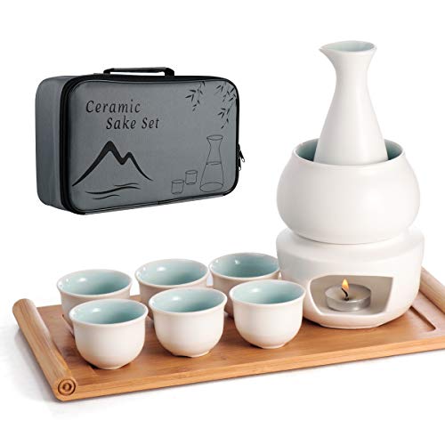 LOUTYTUO Juego de Sake de cerámica + Bandeja de bambú para Olla más Caliente, Bebida Saki Caliente de cerámica Segura para Estufa, Caja de Regalo de Almacenamiento de Sake de 10 Piezas