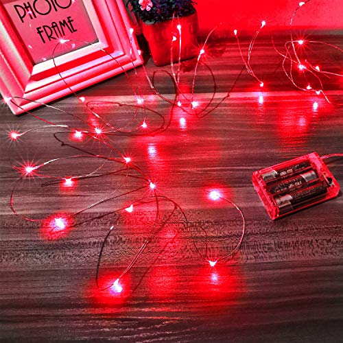 Luces Led a Pilas, Ariceleo 1 Piezas 5 Metros 50 LED Mini LÁMpara Alambre de Cobre Guirnalda Cadena Luces de Navidad con Pilas para Casa Dormitorio Navidad Fiestas Boda DecoraciÓN(Rojo)