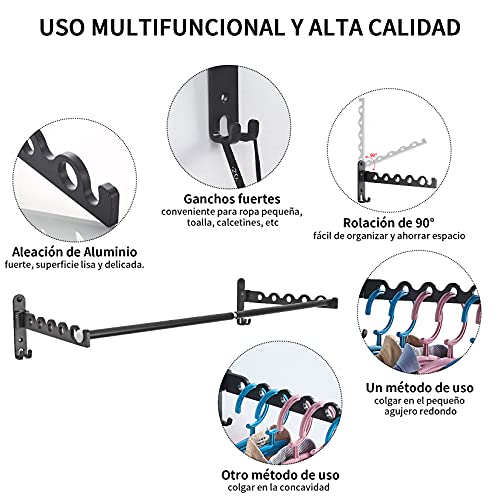 LUII Percheros de Pared Retráctil 80 CM Percha Plegable Estante de Secado Abatible Aluminio Ahorro Espacio Colgador Ropa Organizador Barra para Lavandería Baño Dormitorio Armario Balcón Negro