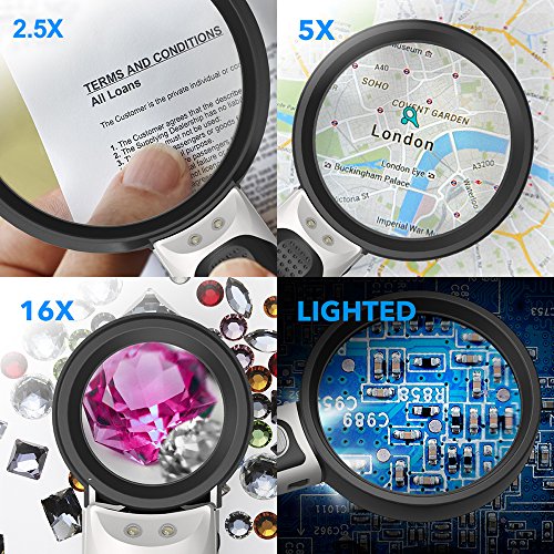 Lupa con luz, lupa de con 3 lentes desmontables 2.5X 5X 16X - 2 luces LED ultra brillantes - mango ergonómico - peso super ligero, ideal para lectura, impresiones, mapas y artesanía