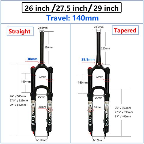 LvTu Bicicleta de Montaña Horquilla Delantera con Suspensión Aire MTB 26 27.5 29 Pulgadas 140mm Viaje Ajuste de Rebote Ultraligero Horquillas Bicicleta QR 9mm Negro