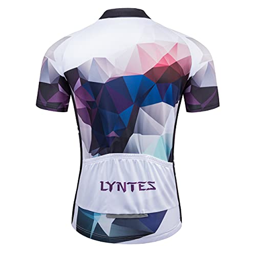 LYNTES Maillot de ciclismo para hombre, manga corta, elástico, transpirable, con 3 bolsillos traseros, secado rápido, ropa de ciclismo con cremallera completa azul XL