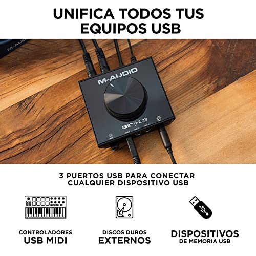 M-Audio AIR HUB - Interfaz de monitorización de audio / tarjeta de sonido USB / USB-C con concentrador de 3 puertos, software, ProTools|First, Eleven Lite, efectos de Avid y Xpand!2 de AIR MusicTech