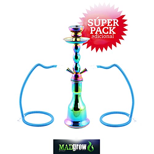 MADGROW. Cachimba Modelo Rainbow. 45 cm. 2 Tubo Flex. Color Metal Iridiscente. Incluimos SÚPER Pack: 10 Pastillas CARBÓN + boquillas XXL + Pinzas con perforador + sartén de carbón