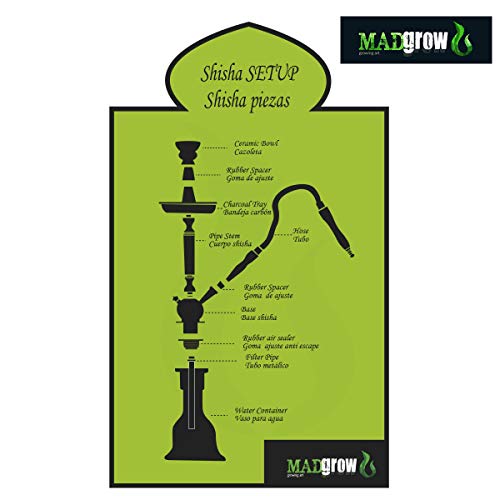 MADGROW. Cachimba Olas Azul. Base en Cristal Detalles en Mate Negro Cuerpo de Metal Mate. Shisha 25 cm. 2 Tubos. SÚPER Pack: 10 Pastillas CARBÓN + 5 BOQUILLAS + sartén carbón + Pinza/perforador