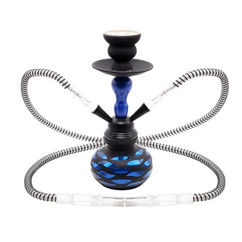 MADGROW. Cachimba Olas Azul. Base en Cristal Detalles en Mate Negro Cuerpo de Metal Mate. Shisha 25 cm. 2 Tubos. SÚPER Pack: 10 Pastillas CARBÓN + 5 BOQUILLAS + sartén carbón + Pinza/perforador