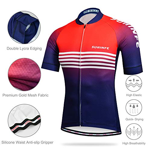 Maillot Ciclismo Hombre Verano, Ropa Ciclismo Manga Corta con Cremallera Completa y 3 Bolsillos Traseros y Culotte Ciclismo para MTB, Rojo, 3XL