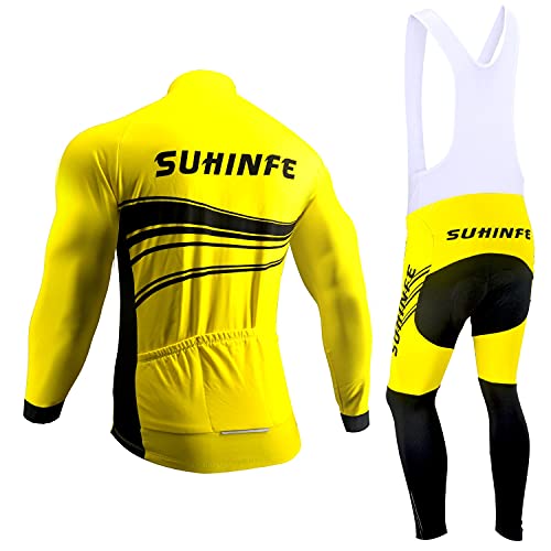 Maillot Ciclismo Invierno Hombre Manga Larga, Ropa Ciclismo Forro Polar Térmico con Cremallera Completa, Tira Reflectante y y Pantalón con Pechera Ciclismo para Mantener el Calor, Amarillo, XL