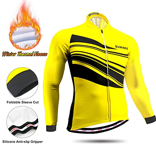 Maillot Ciclismo Invierno Hombre Manga Larga, Ropa Ciclismo Forro Polar Térmico con Cremallera Completa, Tira Reflectante y y Pantalón con Pechera Ciclismo para Mantener el Calor, Amarillo, XL