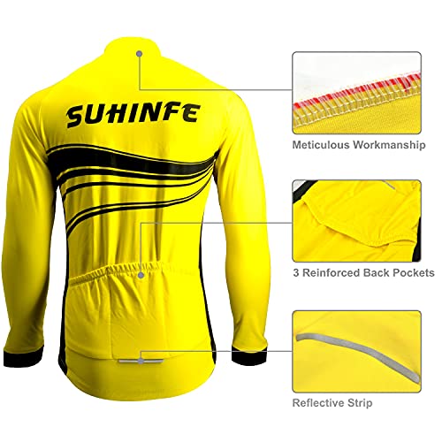 Maillot Ciclismo Invierno Hombre Manga Larga, Ropa Ciclismo Forro Polar Térmico con Cremallera Completa, Tira Reflectante y y Pantalón con Pechera Ciclismo para Mantener el Calor, Amarillo, XL