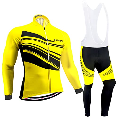 Maillot Ciclismo Invierno Hombre Manga Larga, Ropa Ciclismo Forro Polar Térmico con Cremallera Completa, Tira Reflectante y y Pantalón con Pechera Ciclismo para Mantener el Calor, Amarillo, XL