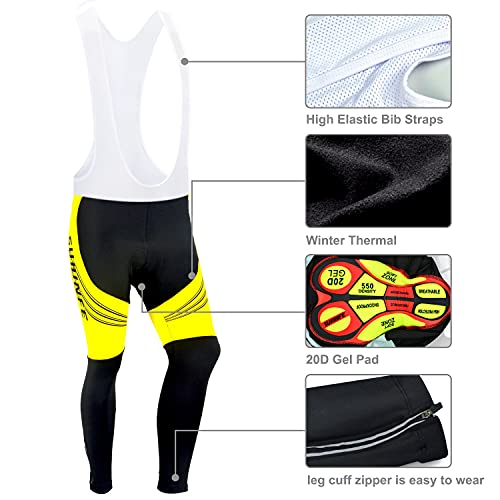 Maillot Ciclismo Invierno Hombre Manga Larga, Ropa Ciclismo Forro Polar Térmico con Cremallera Completa, Tira Reflectante y y Pantalón con Pechera Ciclismo para Mantener el Calor, Amarillo, XL