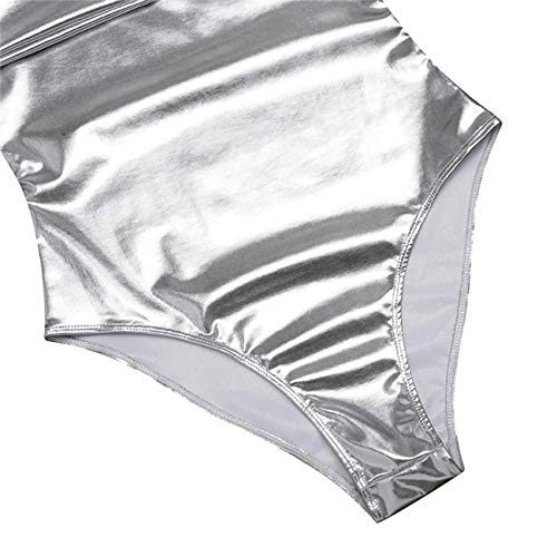 Maillot de Danza Ballet Gimnasia Leotardo Body Clásico Brillante Elástico para Mujer de Manga Larga Cuello Redondo (S, Plata)