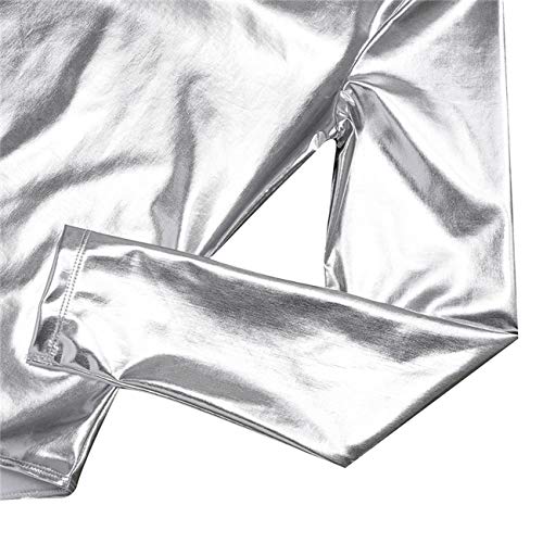 Maillot de Danza Ballet Gimnasia Leotardo Body Clásico Brillante Elástico para Mujer de Manga Larga Cuello Redondo (S, Plata)