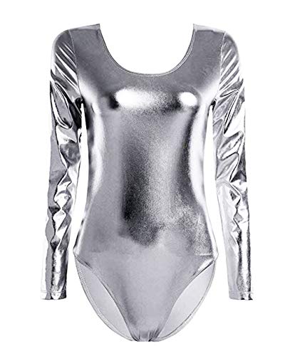 Maillot de Danza Ballet Gimnasia Leotardo Body Clásico Brillante Elástico para Mujer de Manga Larga Cuello Redondo (S, Plata)