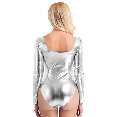 Maillot de Danza Ballet Gimnasia Leotardo Body Clásico Brillante Elástico para Mujer de Manga Larga Cuello Redondo (S, Plata)