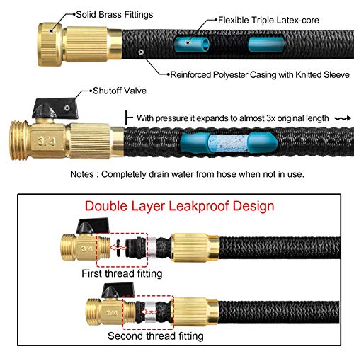 Mangueras de jardín expandibles TheFitLife - Accesorios de latón estándar de la UE con núcleo de látex triple y boquilla de pulverización de 8 funciones, portátil y sin pliegues