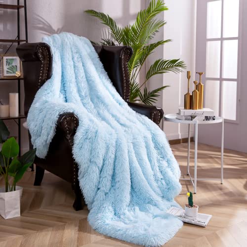 Manta Pelo, Manta Sofa Largo Mullida Súper Suaves y Cálidas, Manta Peluche PV y Franela de Doble Cara, Manta para Sofa, Cama, 130x160cm, Azul Claro