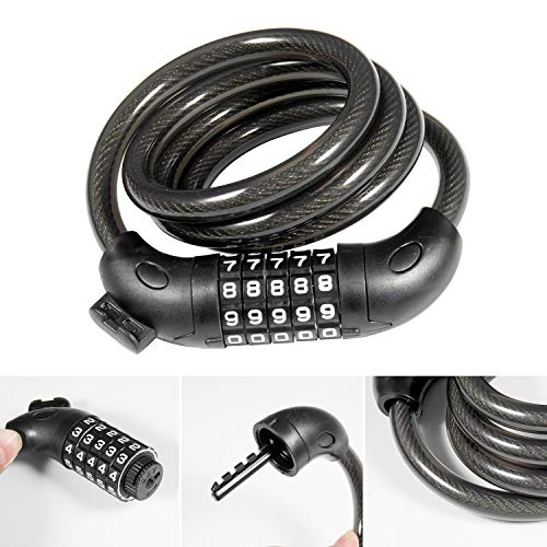 Maojuee Candado de Bicicleta Antirrobo Bloqueo Cable, Bicicleta Cerradura Antirrobo de Alta Seguridad con 5 Códigos Combinados y Poseedora y 1 Pieza Bicicleta luz, 120cm X12mm (Negro)