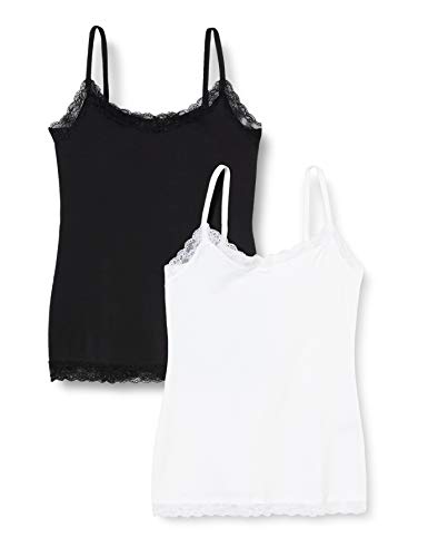 Marca Amazon - IRIS & LILLY Camiseta de Tirantes con Encaje Body Natural para Mujer, Pack de 2, Multicolor (Black/White), 3XL, Label: 3XL